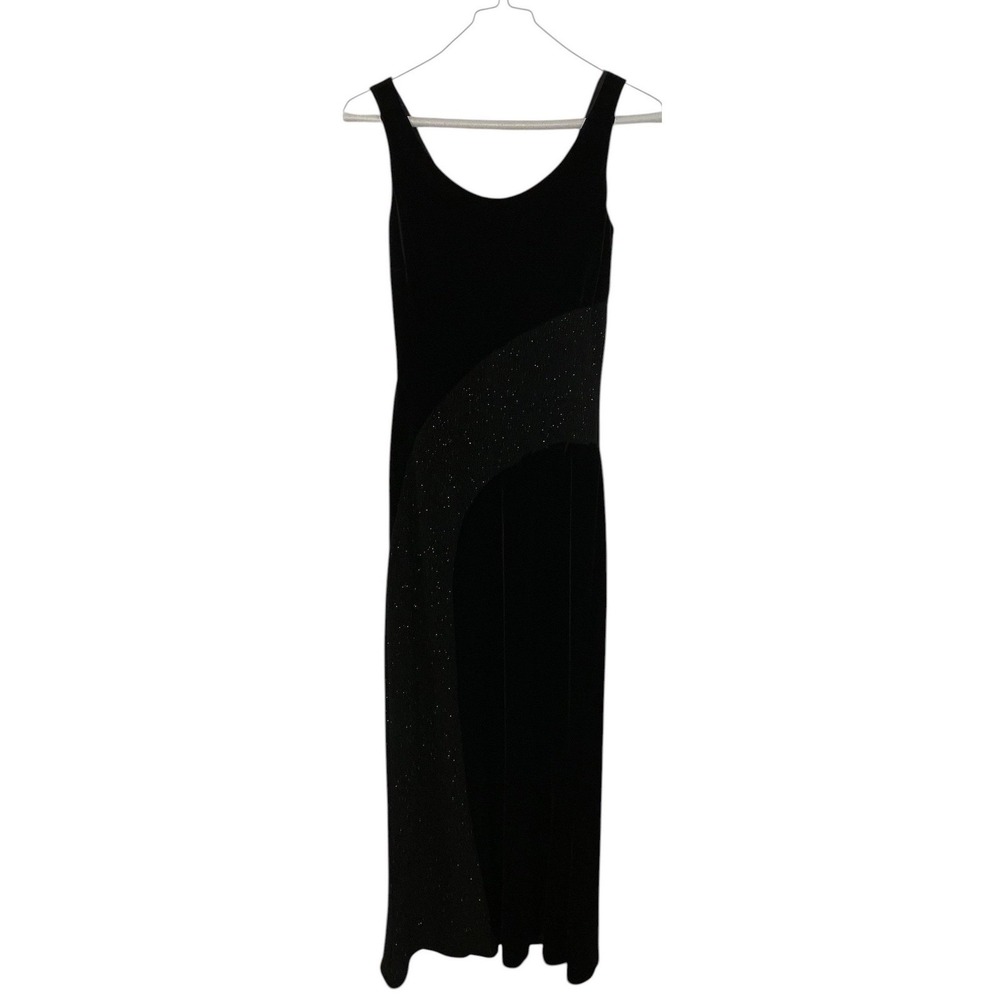 Betsy & Adam Jaslene Black Velvet Glitter Mesh Maxi Dress Formal Gown Sz 12 8210